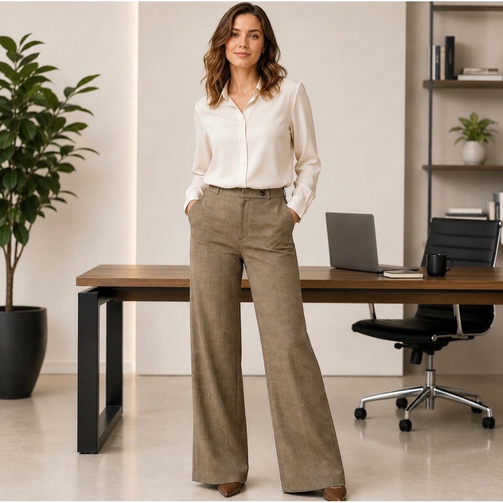 Talbots Womens Wide Leg Pants Trousers Size 8 Glen Plaid Wool Blend Office Beige